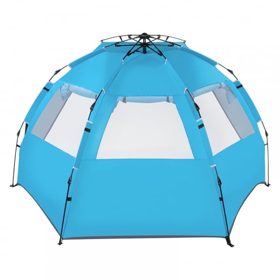 Fiberglass Pole Beach Tent, Quick-Open Free Ride Camping Tent with 6 Ground Spikes and 190T Polyester Silk Silver Tape for Outdoor Travel and Garden, Blue