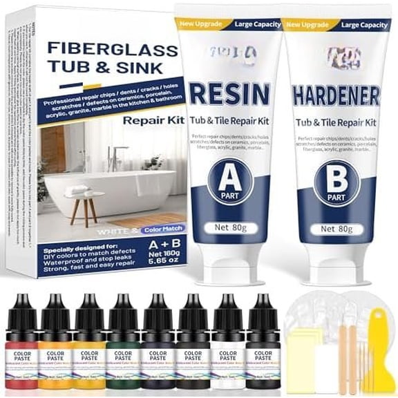 Fiberglass Repair Kit, Bathtub Repair Kit for Tile, , Ceramic, Enamel, Kitchen Bathroom Fix Cracks Rust Holes Porcelain Sink, Tub, Toilet, Shower Tray, Granite, Marble, Deck