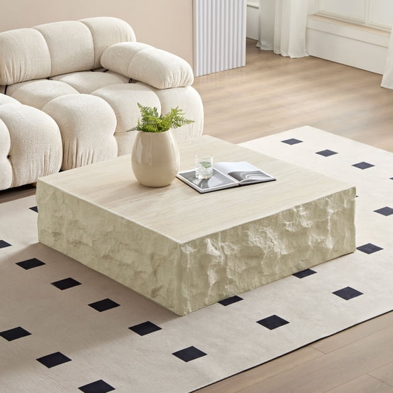 Fiberglass Square Coffee Table with Imitation Stone Design, 35.43'' Modern Center Table for Living Room, Office & Apartment, No Assembly Required
