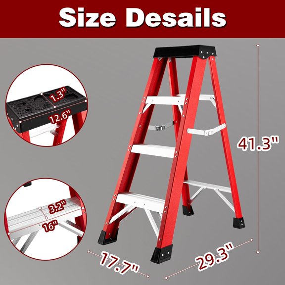 Fiberglass Step Ladder 3 Step, 330 lbs Capacity Type IA Heavy Duty Foldable Non-Conductive Platform Ladder for Electrical Work Industrial Use Red 3.4FT