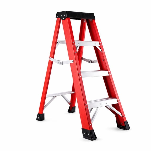 Fiberglass Step Ladder 3 Step, 330 lbs Capacity Type Single-Sided Stepladder IA Heavy Duty, Foldable Non-Conductive Platform Ladder for Electrical Work, Industrial Use (Red,3.4FT)