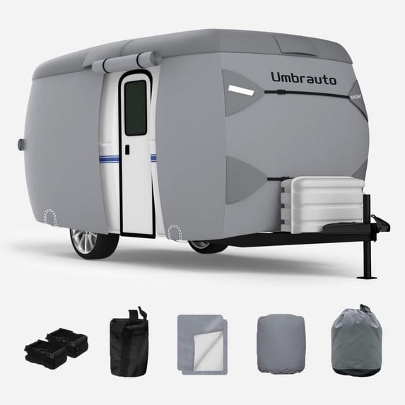 Fiberglass Travel Trailer Cover 11'-13' Fiberglass Camper Cover Upgraded 7 Layers Top RV Cover Windproof Strap Toy Hauler Cover