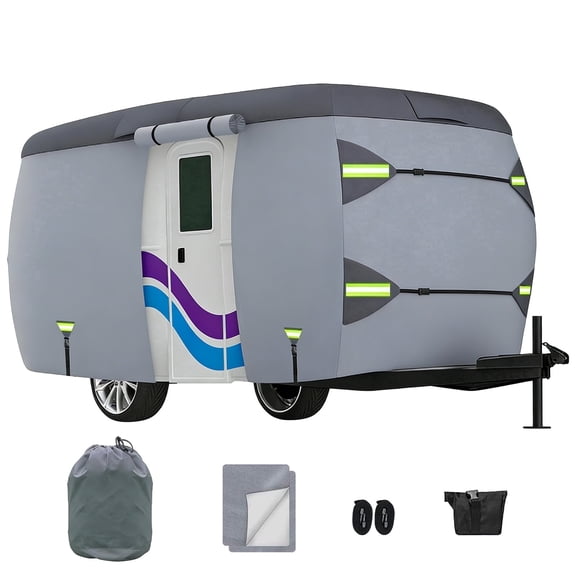 10-13FT Upgraded 8 Layers Top Fiberglass Travel Trailer Camper Cover, RV Cover with Extra Windproof Ropes (160" L x 80" W x 84" H)
