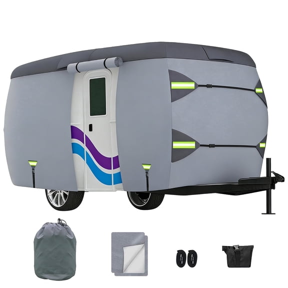 13-16 FT Upgraded 7 Layers Top Fiberglass Travel Trailer Cover, Waterproof Camper Cover, RV Cover with Extra Windproof Ropes (194" L x 80" W x 84" H)