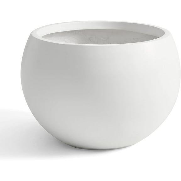 Fiberstone Sphere Planter, 19.3" Dia x 13" H Large Flower Pot with Drainage Hole and Silicone Plug, Round Plant Container for Indoor or Outdoor, 15" Opening, Large White