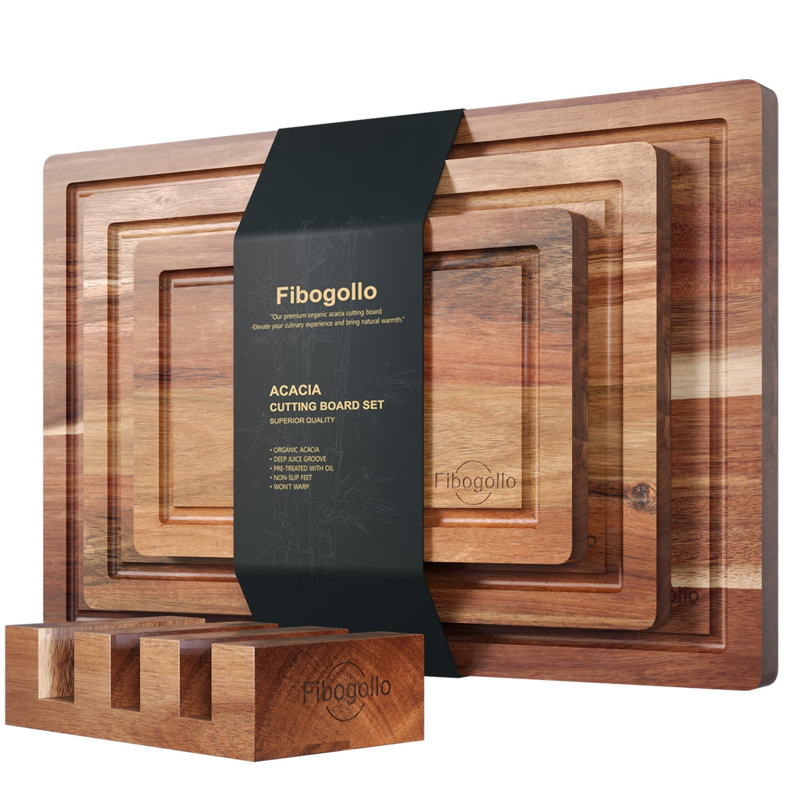 Fibogollo Acacia Wood Cutting Boards for Kitchen (Set of 3)