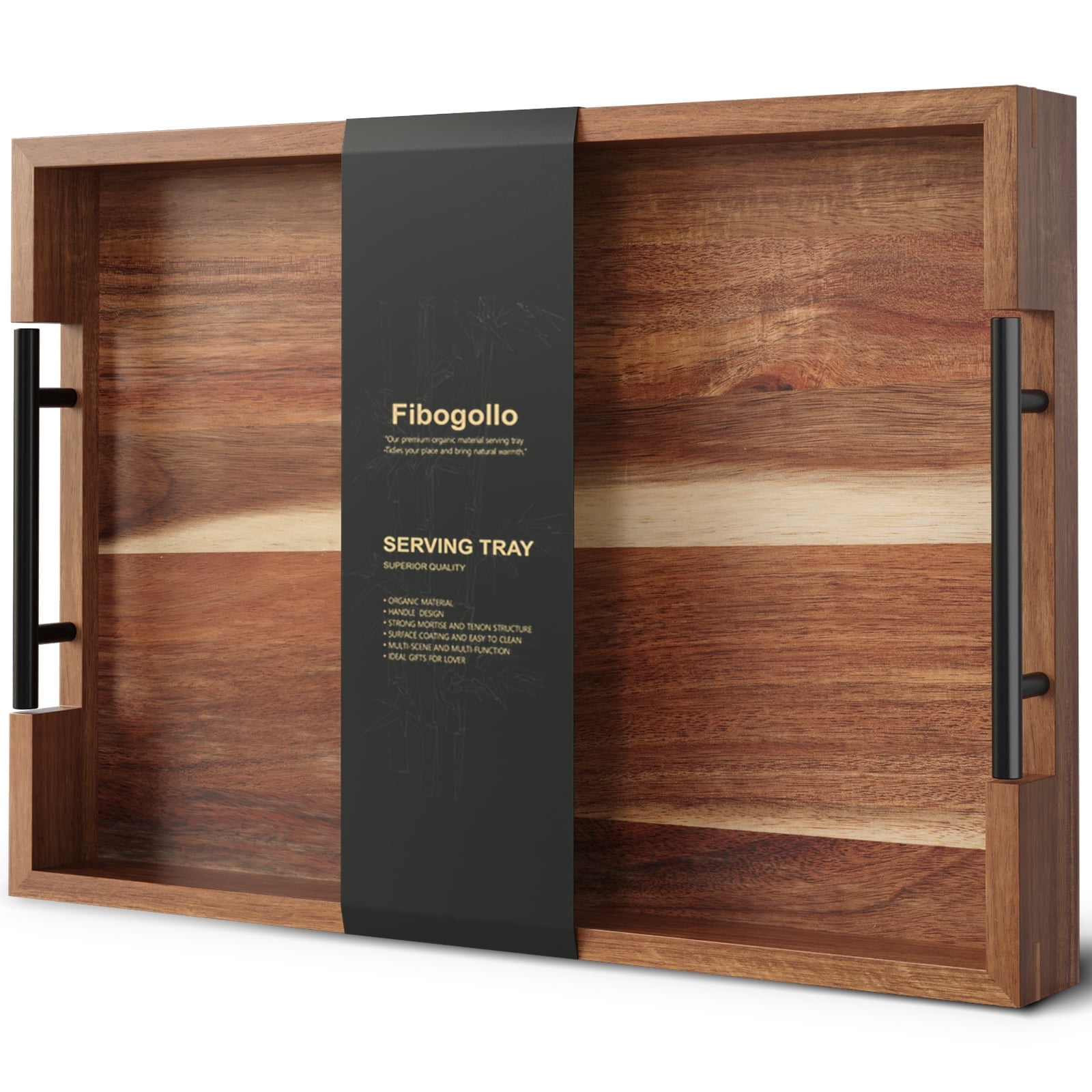 Fibogollo Acacia Wood Serving Tray with Metal Handles,17x12in