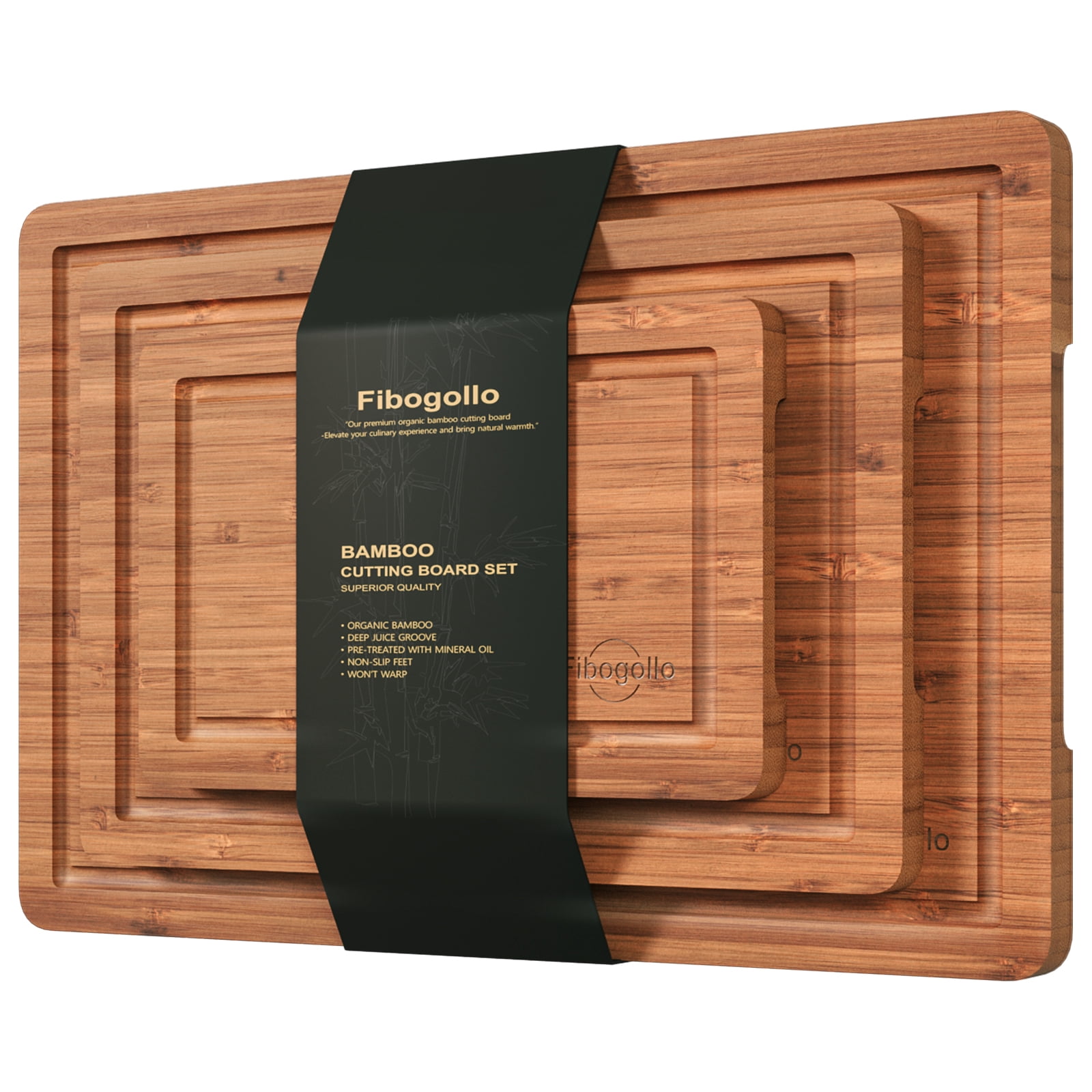 Fibogollo Bamboo Cutting Boards (set of 3),Chopping Boards with Juice Groove for Kitchen Meal Prep and Serving