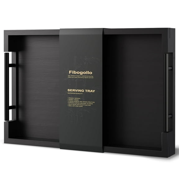 Fibogollo Bamboo Serving Tray with Metal Handles,15x10in Ottoman Decorative Trays Platter for Coffee Table,Living Room,Bar,Party,Small(Black)