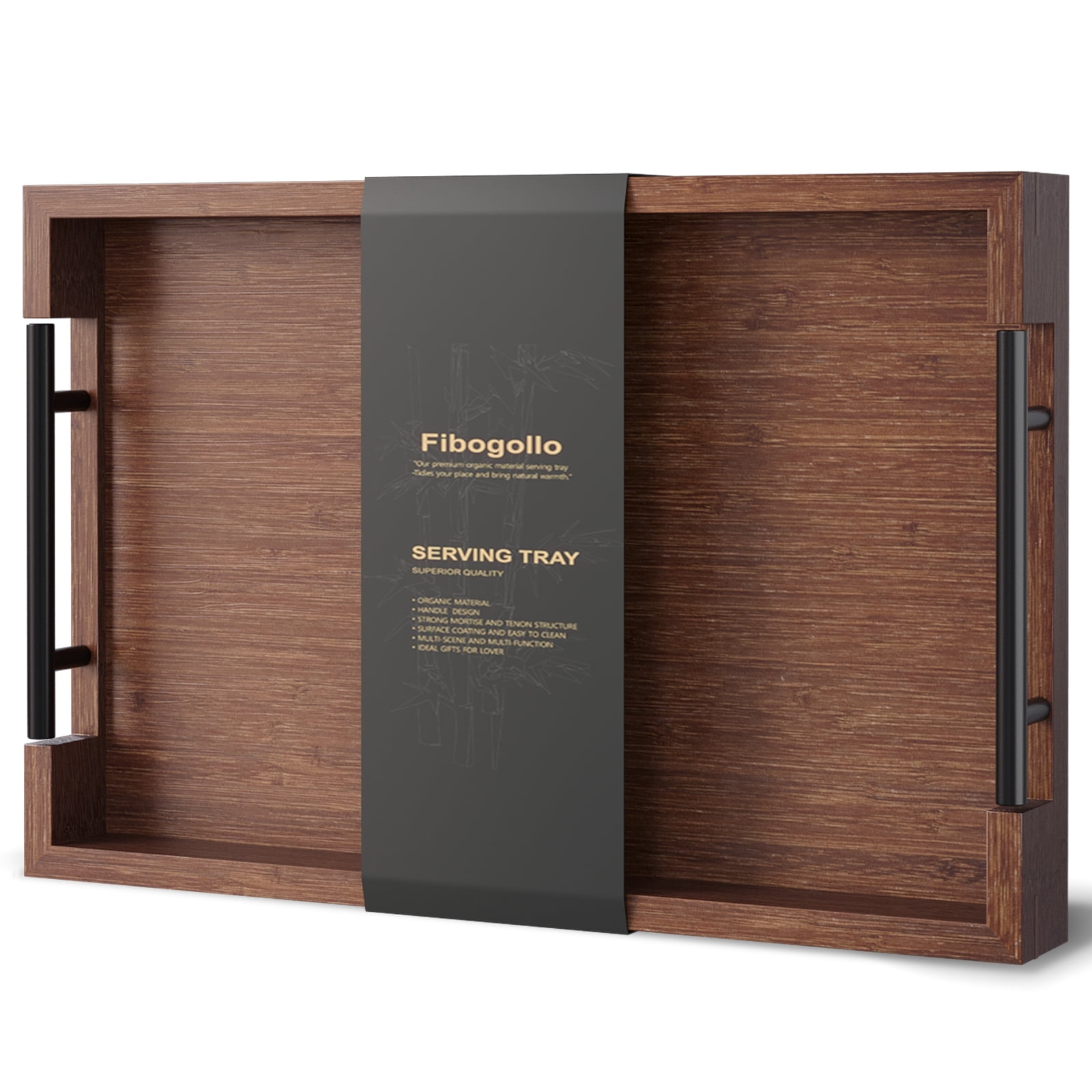 Fibogollo Bamboo Serving Tray with Metal Handles,15x10in Ottoman Decorative Trays Platter for Coffee Table,Living Room,Bar,Party,Small(Brown) - Walmart.com