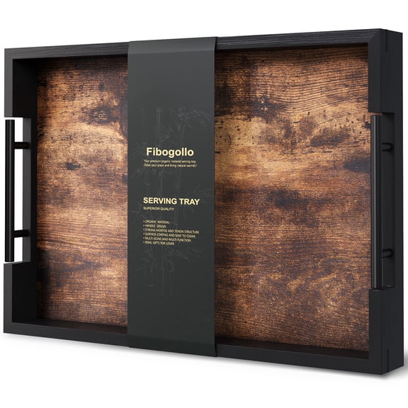 Fibogollo Walnut Wood Serving Tray with Metal Handles,17x12in Ottoman Decorative Trays Platter for Coffee Table,Living Room,Bar,Party(Large)