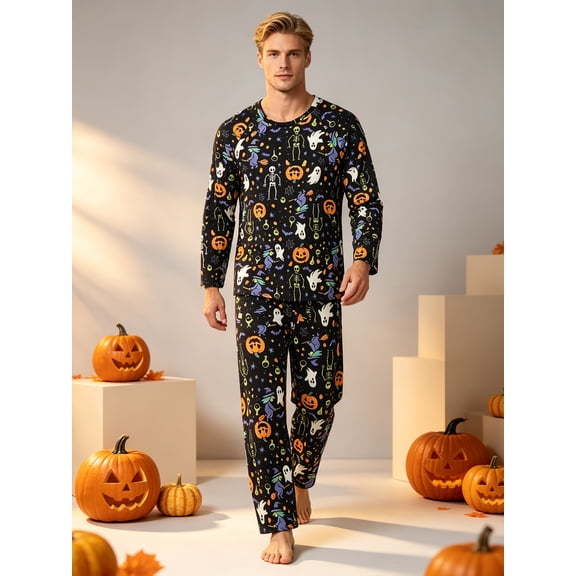 Fibokn Family Matching Halloween Pajamas Set, Long Sleeve Holiday Sleepwear, Ghost Witch Skeleton Pumpkin Print 2 Piece Loungewear for Men, Size L