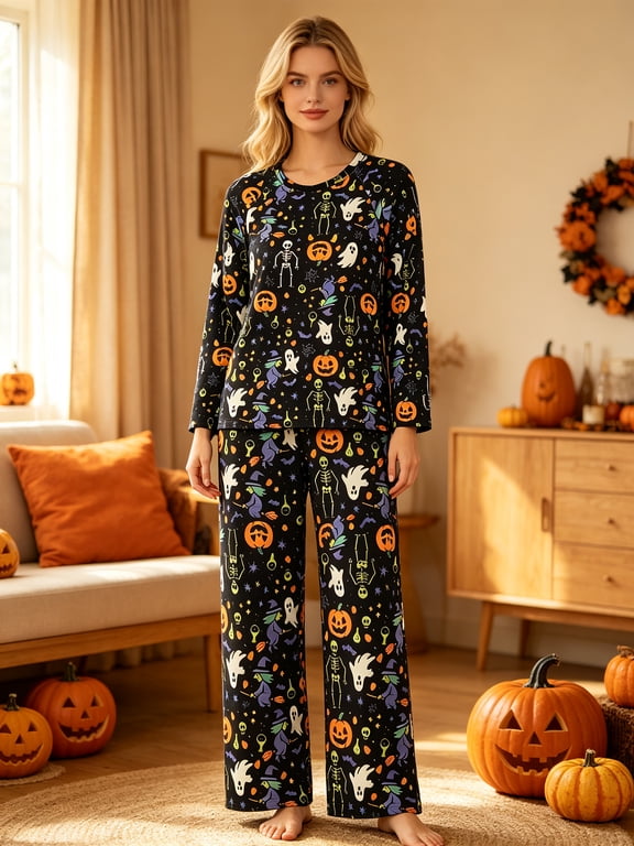 Family Matching Halloween Pajamas Set, Long Sleeve Holiday Sleepwear, Ghost Witch Skeleton Pumpkin Print 2 Piece Loungewear for Women, Size L