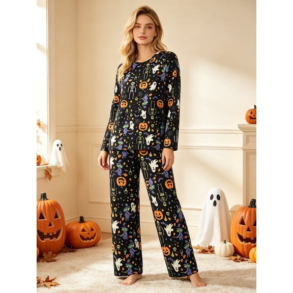 Fibokn Family Matching Halloween Pajamas Set, Long Sleeve Holiday Sleepwear, Ghost Witch Skeleton Pumpkin Print 2 Piece Loungewear for Women, Size M