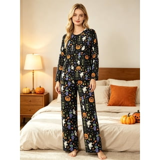 Fibokn Family Matching Halloween Pajamas Set, Long Sleeve Holiday Sleepwear, Ghost Witch Skeleton Pumpkin Print 2 Piece Loungewear for Women, Size S