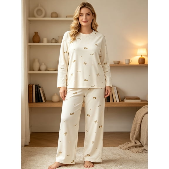 Fibokn Family Pajama Set, Cream Off‑White Strawberry Cherry Bow Print Long Sleeve Crew Neck Top & Elastic Waist Pants Adult Soft Sleepwear Loungewear for Women Size 2XL