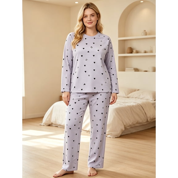 Fibokn Family Pajamas Set, Cute Small Heart Print Long‑Sleeve Crew Neck Top & Elastic Waist Pants Adult Soft Loungewear Sleepwear for Women Size 2XL