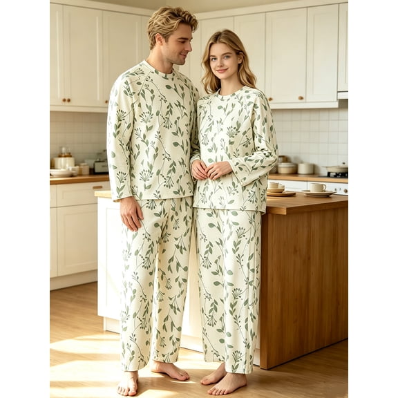 Fibokn Family Pajama Set, Green Leaf Botanical Print, All-Season Relaxed Fit Long Sleeve Crew Neck Top & Elastic Waist Pants, Sleepwear Loungewear for Women, Size 2XL