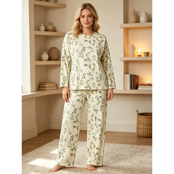 Fibokn Family Pajamas Set, Green Leaf Botanical Print All‑Season Relaxed Fit Long Sleeve Crew Neck Top & Elastic Waist Pants Adult Sleepwear Nightwear Loungewear for Women Size 2XL