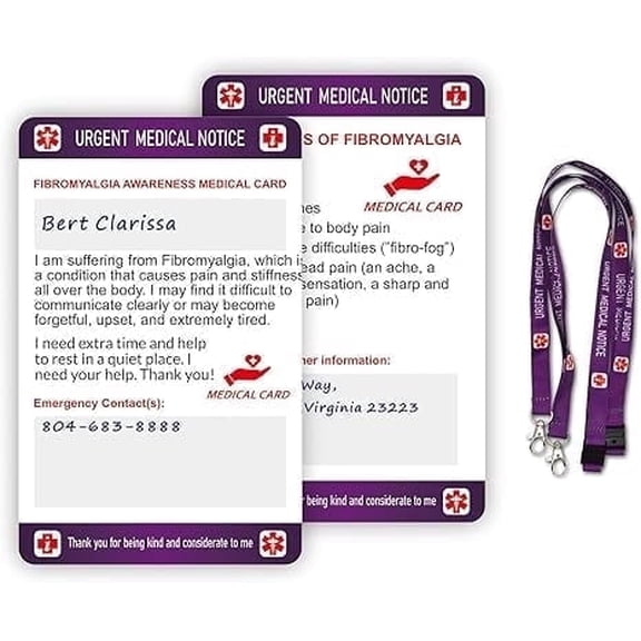 Fibramyalgia Medical Card with Writable Panel and Patterned Lanyard Emergency Contact Card RAYCCI