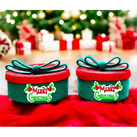 Fibre Gold Merry Christmas Decor Baskets, Set of 2,Green, Red, with Santa Claus