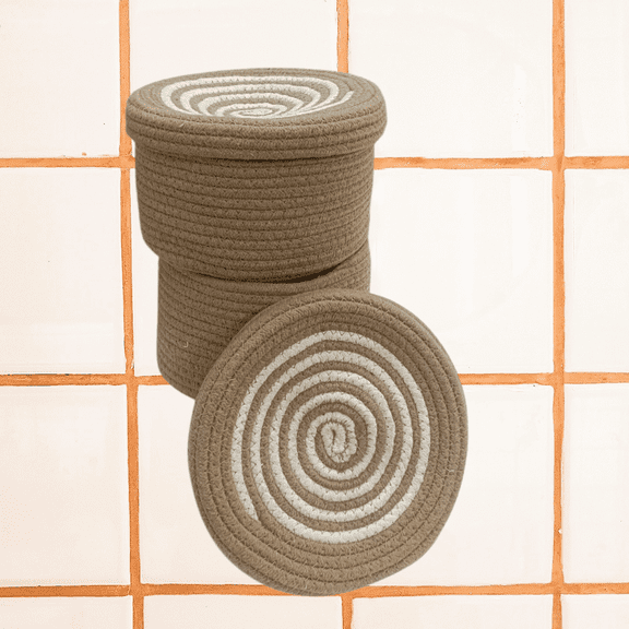 FibreGold Decorative Beige Cotton Rope Storage Organizer Basket Set of2 with Lid