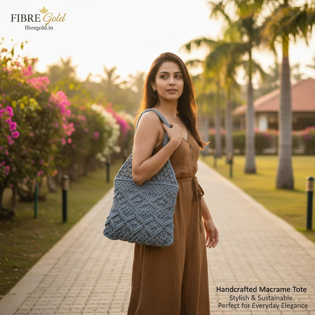Fibre Gold Handcrafted Macramé Tote Bag – Boho Chic Shoulder Bag for Women (Grey)