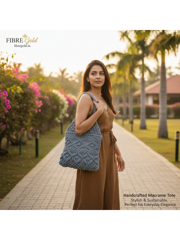 Fibre Gold Handcrafted Macramé Tote Bag – Boho Chic Shoulder Bag for Women (Grey)