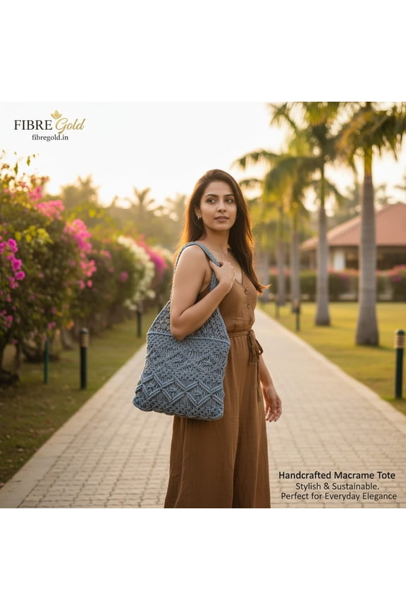 Fibre Gold Handcrafted Macramé Tote Bag – Boho Chic Shoulder Bag for Women (Grey)
