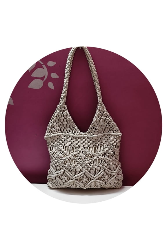 Gold Handcrafted Macramé Tote Bag – Boho Chic Shoulder Bag for Women (White)