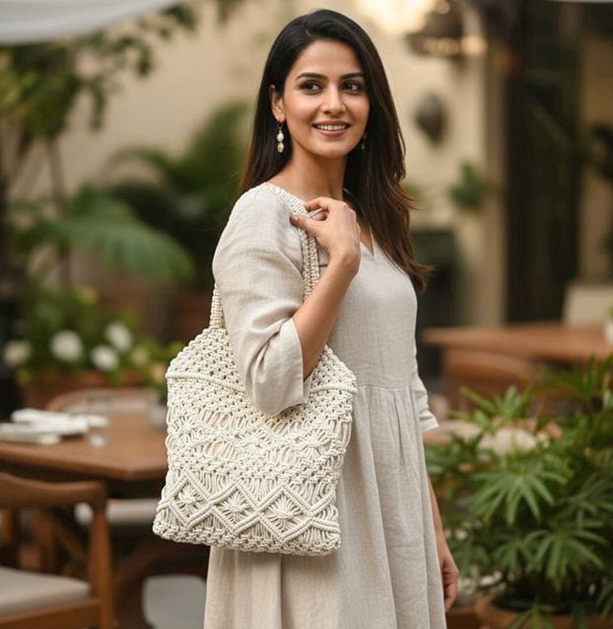 Fibre Gold Handwoven Macrame Tote Bag for Women | Cotton Eco-Friendly Shoulder Handbag