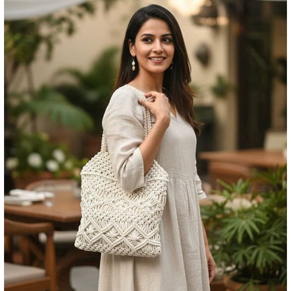 Fibre Gold Handwoven Macrame Tote Bag for Women | Cotton Eco-Friendly Shoulder Handbag
