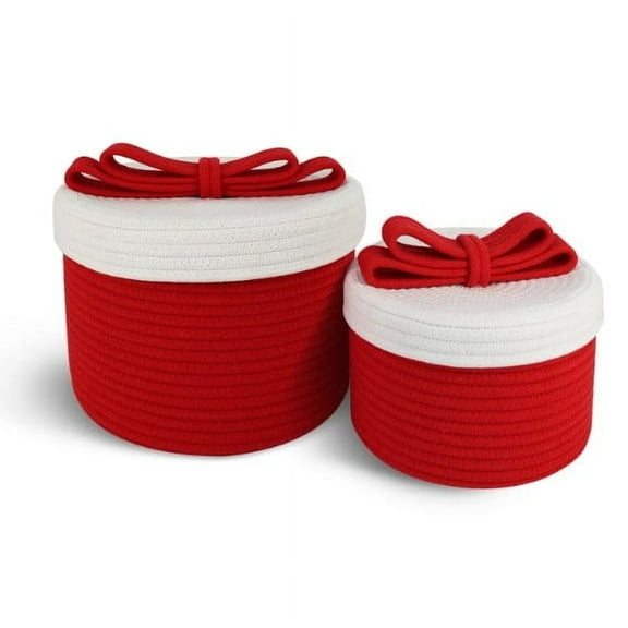 FibreGold Handwoven Cotton Gift-Worthy Rope Baskets with Lid,Set of 2, Red White