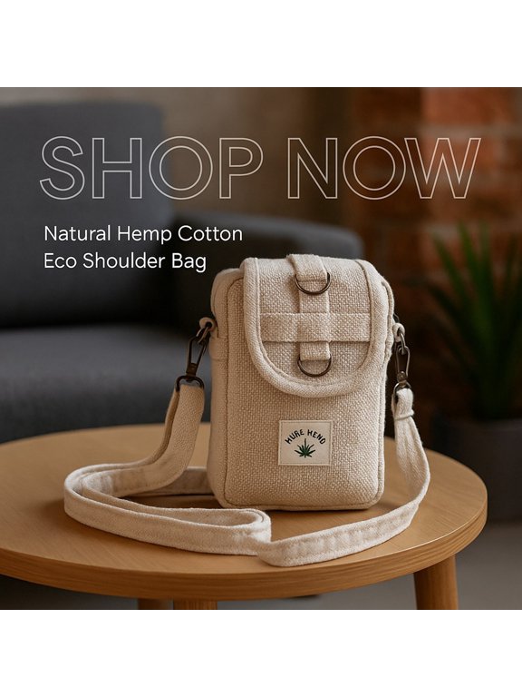 Unisex Adjustable Length Hemp Organic Cotton Shoulder Bag, Beige, 1