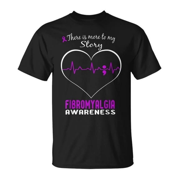 Fibromyalgia Awareness Purple Ribbon Semicolon Heartbeat Graphic T-Shirt Chronic Illness Warrior Support Tee for Men and Women