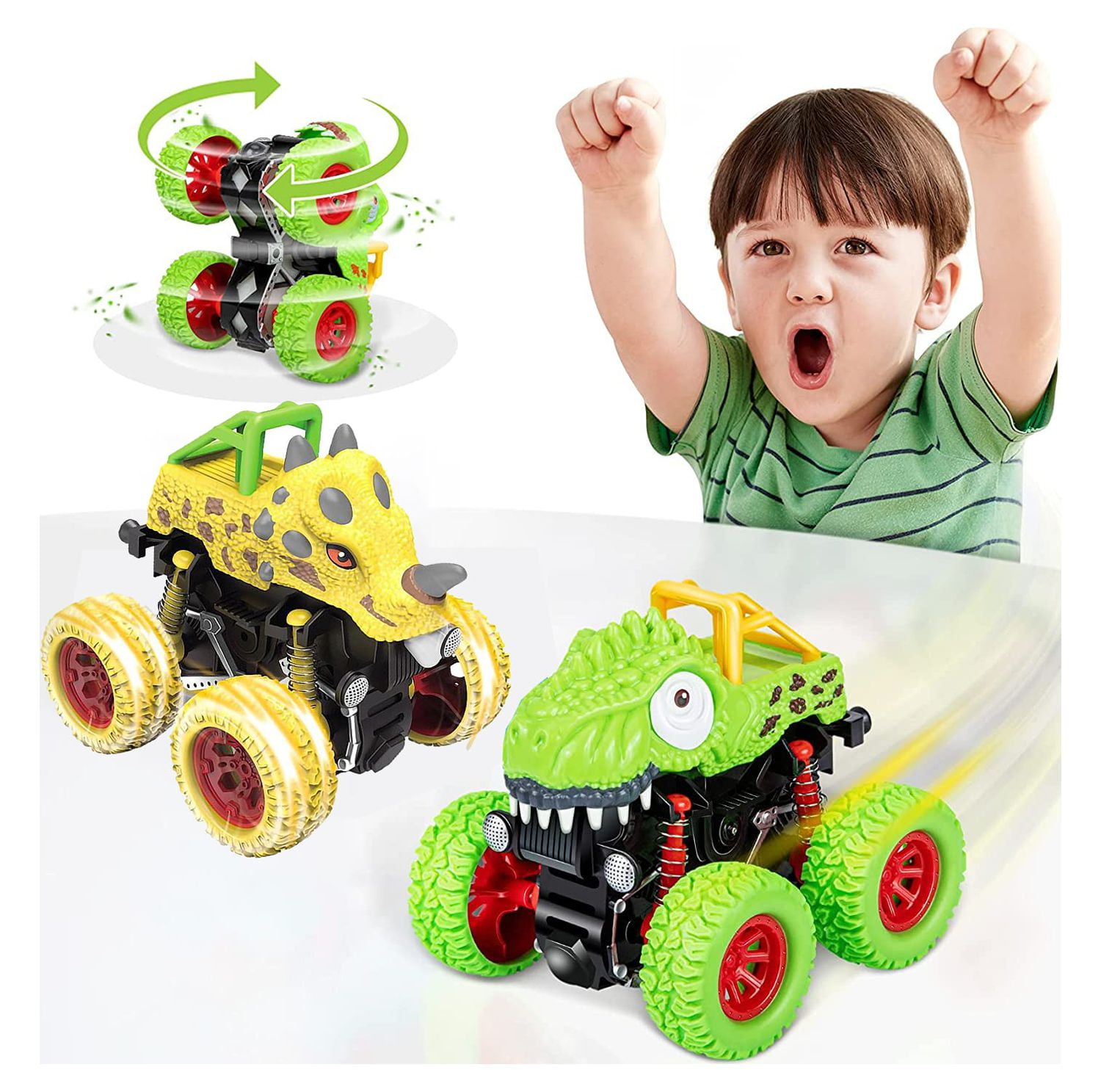 Ficcug Dinosaur Monster Trucks,2 Pack Friction Powered Car Toys, Pull Back Stunt Vehicle for Kids, Toddler Toy for 3-6+