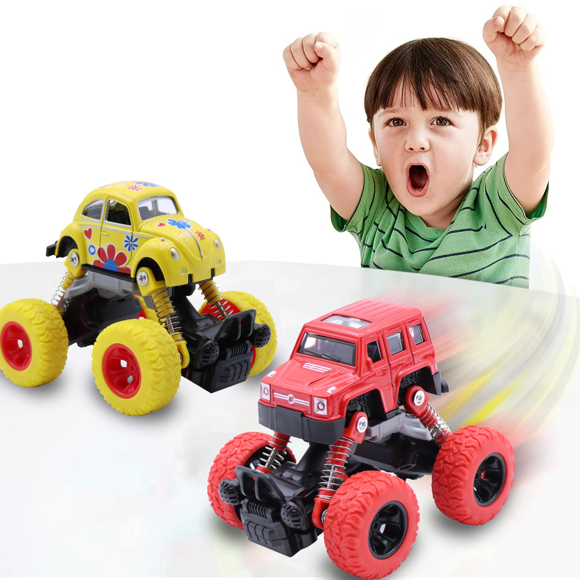 Ficcug 2 Pack Pull Back Cars Toys,Friction Powered Trucks for Kids,Toddler Toys for 1 2 3 4 5 + Year Old Boys Girls