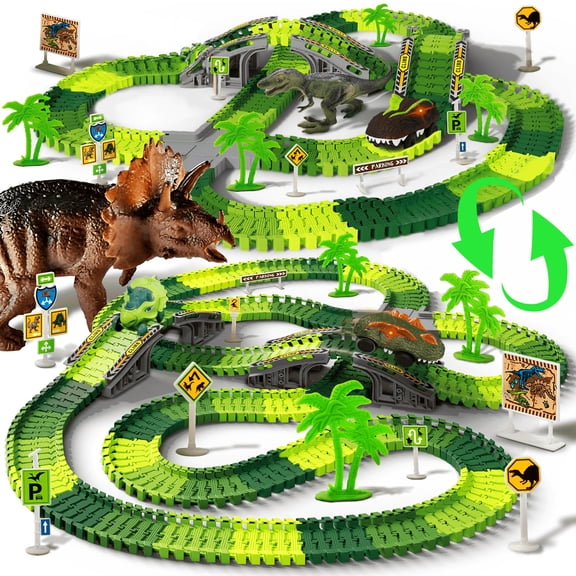 Ficcug 340 PCS Dinosaur Race Track Toys,STEM Building Road Train Playset Toys with Dinos & Cars,Gift for Kids Boys Girls Toddlers Ages 3-8