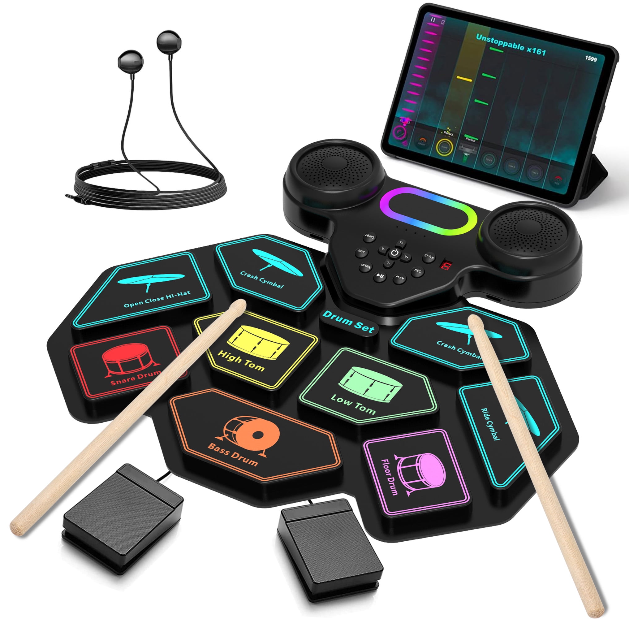 Walmart Saving of  Ficcug Electronic Drum Set for Kids Adults,9 Pads Portable MIDI Roll-up Drum Kit with Dual Speakers / Headset Jack / Drumsticks / Foot Pedals,for Beginners