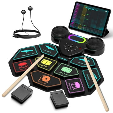 Ficcug Electronic Drum Set for Kids Adults,9 Pads Portable MIDI Roll-up Drum Kit with Dual Speakers / Headset Jack / Drumsticks / Foot Pedals,for Beginners