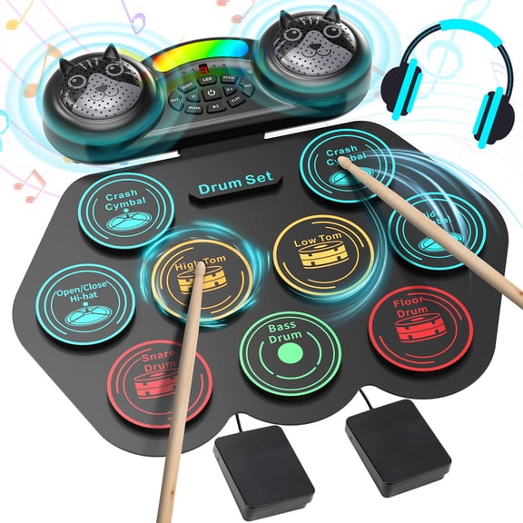 Ficcug Electronic Drum Set for Kids Adults,9 Pads Portable MIDI Roll-up Drum Kit with Dual Speakers / Headset Jack / Drumsticks / Foot Pedals,for Beginners