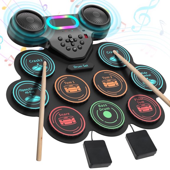Ficcug Electronic Drum Set for Kids Adults,9 Pads Portable MIDI Roll-up Drum Kit with Dual Speakers / Headset Jack / Drumsticks / Foot Pedals,for Beginners