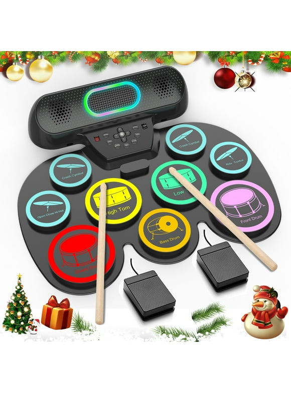 Ficcug Electronic Drum Set for Kids Adults,9 Pads Portable MIDI Roll-up Drum Kit with Dual Speakers / Headset Jack / Drumsticks / Foot Pedals,for Beginners