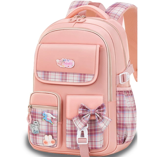 Ficcug Girls School Bag Backpacks,Waterproof Primary Students Bookbags for Kids Teens,Pink