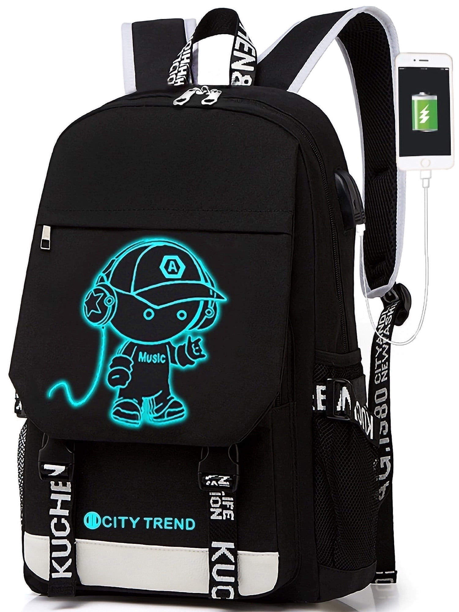 Ficcug Luminous School Bags Backpacks,16" Laptop Backpack with USB Charge Port,Student Bookbags for Boys Girls Women Men Teens,Black