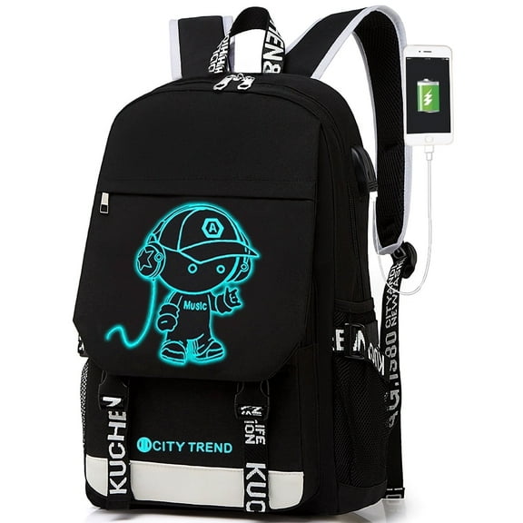 Ficcug Luminous School Bags Backpacks,16" Laptop Backpack with USB Charge Port,Student Bookbags for Boys Girls Women Men Teens,Black