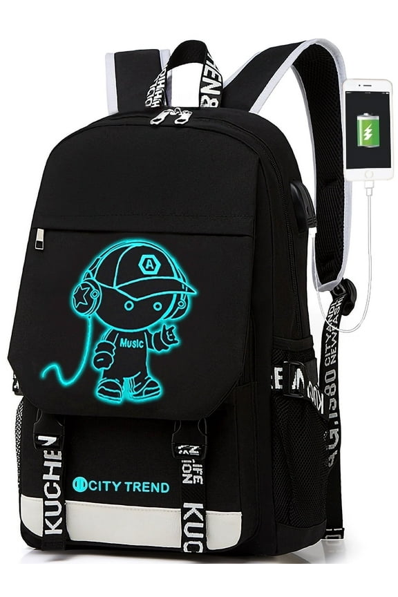 Luminous School Bags Backpacks,16" Laptop Backpack with USB Charge Port,Student Bookbags for Boys Girls Women Men Teens,Black