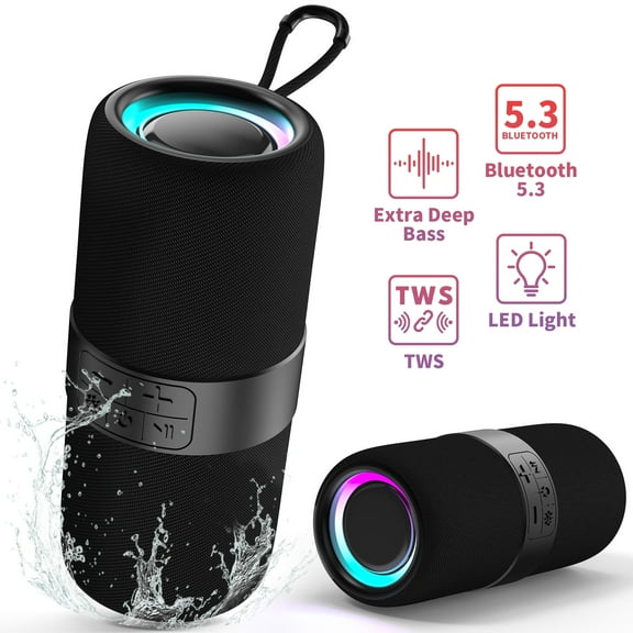 Ficcug Portable Wireless Bluetooth Speaker,Waterproof Speaker with LED Lights / Deep Bass,10H Playtime,TWS Pairing for Outdoor Party,Black