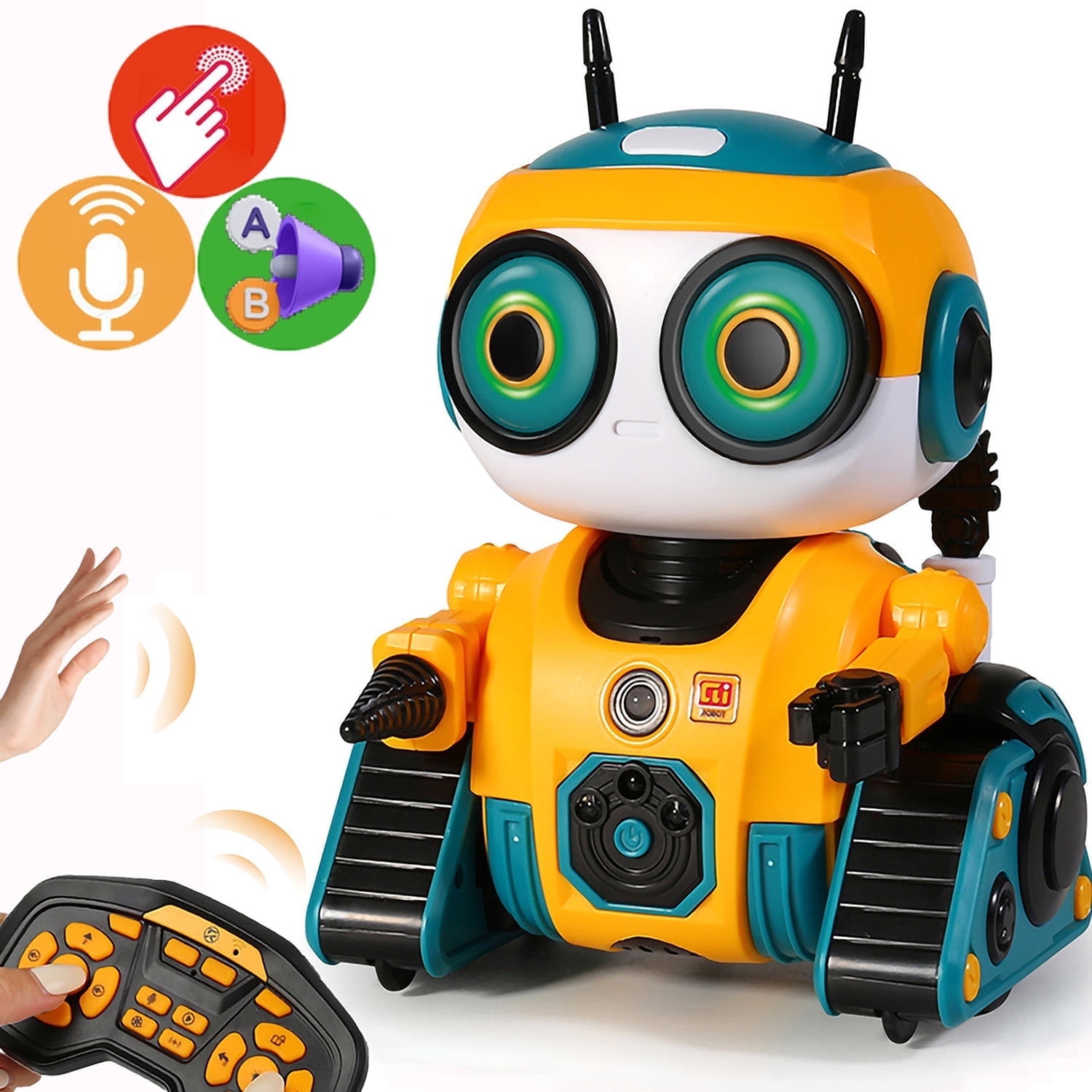 Ficcug Remote Control Intelligent Robot Toys for Kids with Record/Voice changing/Touch Sensing,Educational Programmable Interactive Smart Robot for 3 4 5 6 Year Old Boys Girls Toddlers,Yellow