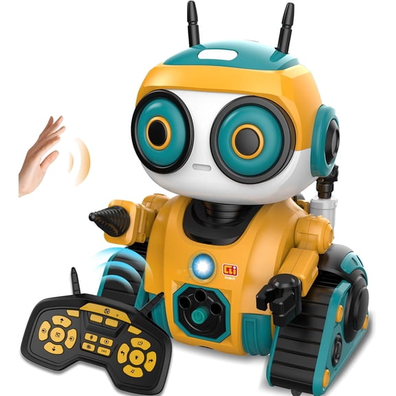 Ficcug Remote Control Robot Toys for Kids,Recording/Voice changing/Touch Sensing,Educational Programmable Interactive Smart Cute Robot for 3-6 Year Old Boys Girls Toddlers,Yellow